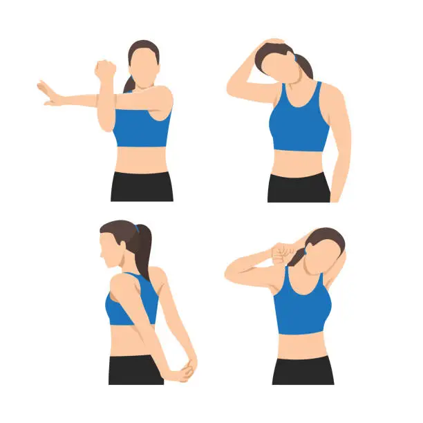 Vector illustration of Woman stretching her neck, arms and shoulders. hand. Flat vector illustration isolated on white background