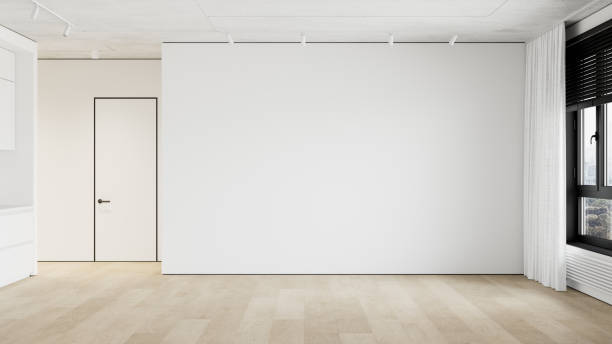 istock Minimalist, white, empty, contemporary interior with blank wall. 3d render illustration mockup. 1424848249