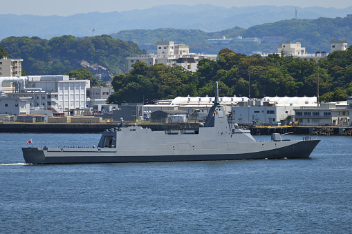 Kanagawa Prefecture, Japan - May 03, 2022:Japan Maritime Self-Defense Force JS Mogami (FFM-1), Mogami-class frigate entering Yokosuka Port in Japan.