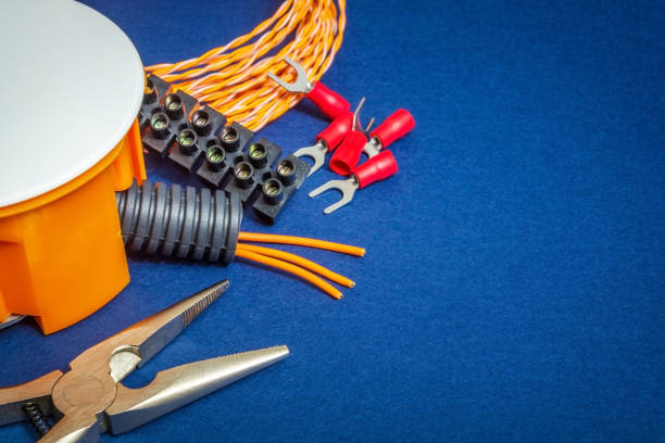 istock Kit spare parts and tools for electrical prepared before repair or setting on blue background 1424851838