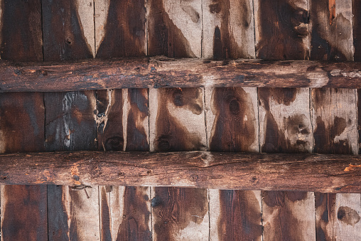 Ceiling made of old wooden beams as a background.