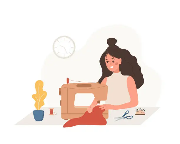 Vector illustration of Woman seamstress at sewing machine sews clothes. Young female tailor create clothes in studio. Fashion designer or dressmaker. Vector illustration in flat cartoon style. Hobby concept