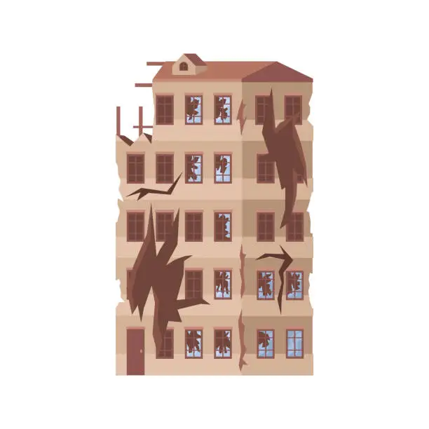 Vector illustration of Demolished multi story building and residential house, destroyed home and architectural construction and sight. City, town, or metropolis with damage done. Vector illustration