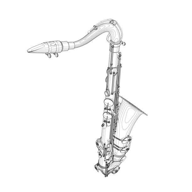 illustrations, cliparts, dessins animés et icônes de contour de saxophone à partir de lignes noires isolées sur fond blanc. vue en perspective. 3d. illustration vectorielle. - recording studio trumpet musical instrument jazz