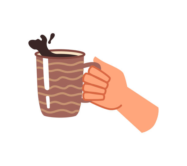 tasse mit cappuccino-getränk, kaffeepause-schild. spritziger heißer tee oder schwarzer kaffee, mann oder frau mit morgengetränk, porzellantasse mit cappuccino - coffee aromatherapy black black coffee stock-grafiken, -clipart, -cartoons und -symbole