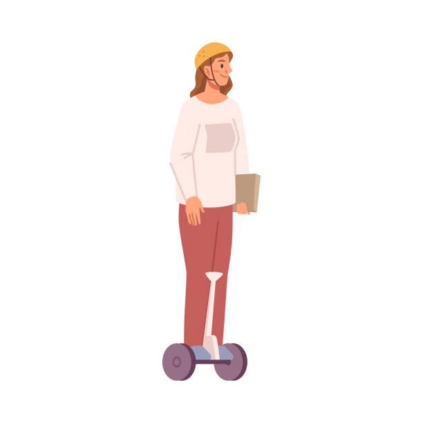 istock Gyro board ecologically friendly transport for commuting. Isolated female character wearing helmet and holding paper documents balancing. Vector in flat style 1424859284