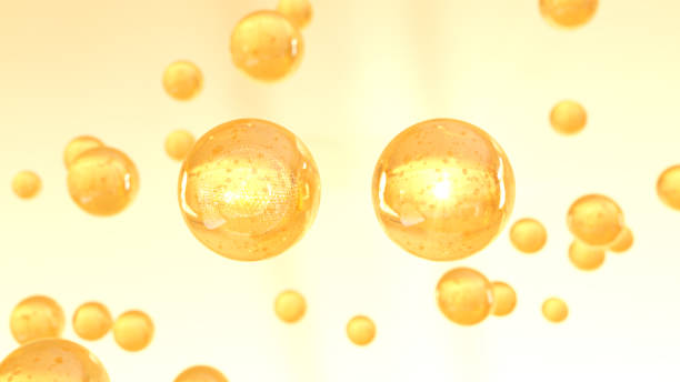 3D rendering Cosmetics Golden Serum bubbles on defocus background stock photo