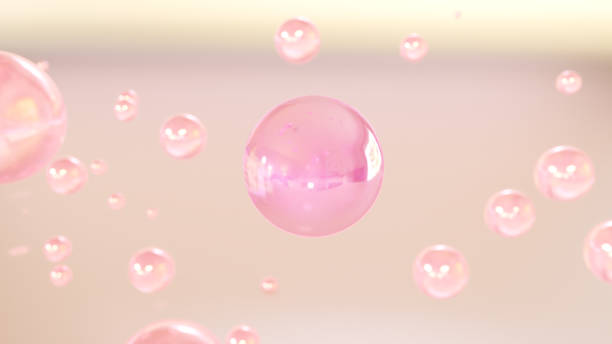 3D cosmetic rendering Serum bubbles of various colors on a blurred background stock photo