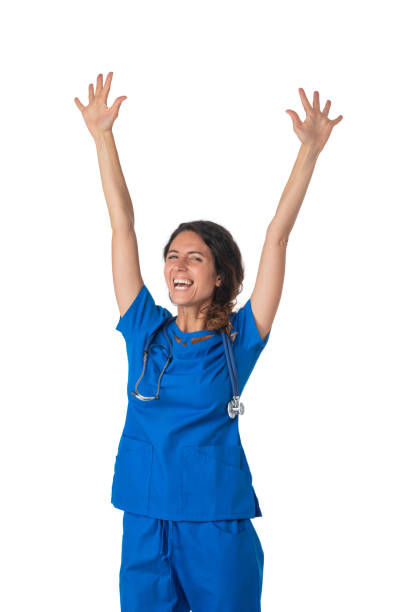 istock Healthcare worker with raised arms 1424860075