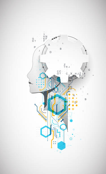 Artificial Intelligence. Technical background with a silhouette of a man. Big data concept. Machine cyber mind. vector art illustration
