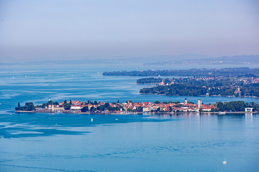 Aerial view of the island Lindau in the Bodensee lake, Germany, during summer