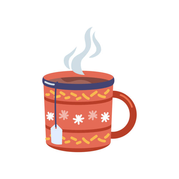 ilustrações, clipart, desenhos animados e ícones de bebida quente da temporada de inverno de natal, chocolate isolado ou cacau. xícara de chá com saco de chá e vapor. ornamentos na caneca com alça. vetor em ilustração de estilo plano - hot chocolate hot drink heat drinking
