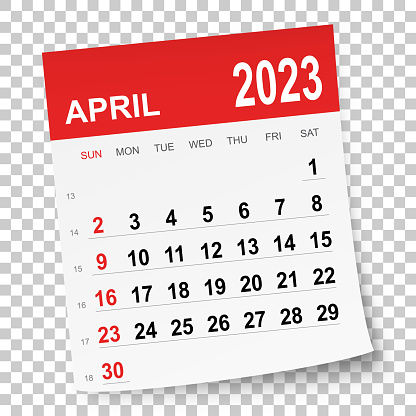 April 2023 calendar isolated on a blank background. Need another version, another month, another year... Check my portfolio. Vector Illustration (EPS file, well layered and grouped). Easy to edit, manipulate, resize or colorize. Vector and Jpeg file of different sizes.