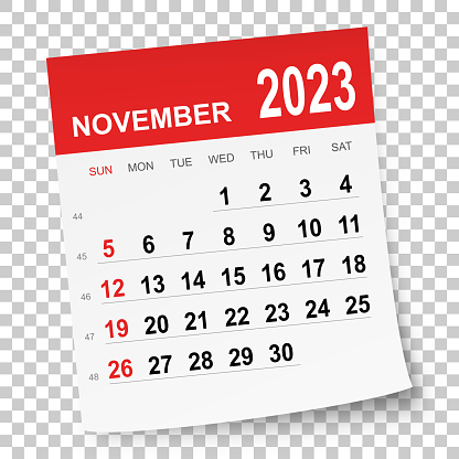 November 2023 calendar isolated on a blank background. Need another version, another month, another year... Check my portfolio. Vector Illustration (EPS file, well layered and grouped). Easy to edit, manipulate, resize or colorize. Vector and Jpeg file of different sizes.