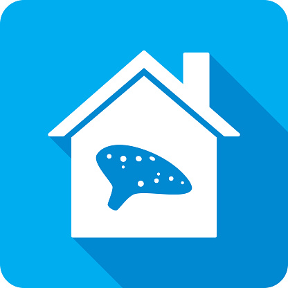 Vector illustration of a house with ocarina icon against a blue background in flat style.