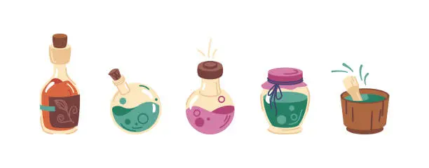 Vector illustration of Witchcraft and sorcery, isolated magic potions used for spells. Enchantment or poison. Vials or glass bottles with brewery. Vector in flat cartoon style