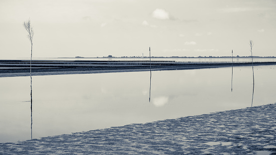 View of a fairway lined with pricks, with mudflats in the foreground. Near the port of Husum in Schleswig-Holstein on the North Sea coast