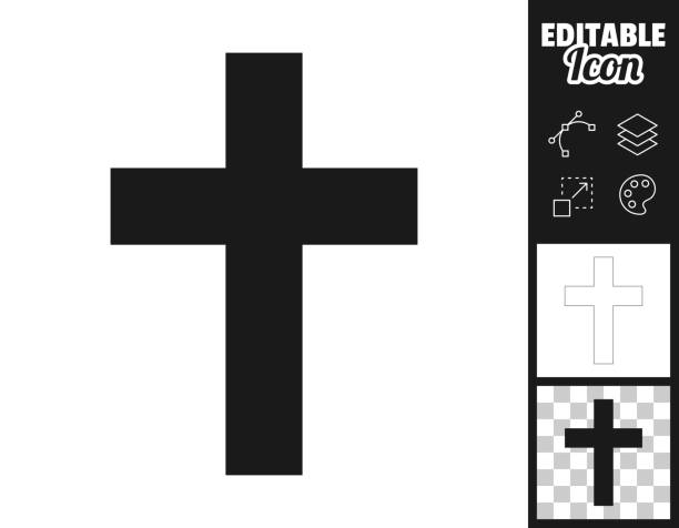 Religion cross. Icon for design. Easily editable Icon of "Religion cross" for your own design. Three icons with editable stroke included in the bundle: - One black icon on a white background. - One line icon with only a thin black outline in a line art style (you can adjust the stroke weight as you want). - One icon on a blank transparent background (for change background or texture). The layers are named to facilitate your customization. Vector Illustration (EPS file, well layered and grouped). Easy to edit, manipulate, resize or colorize. Vector and Jpeg file of different sizes. cross stock illustrations