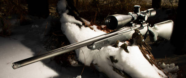 istock Bolt action rifle in trees with snow 1424869103