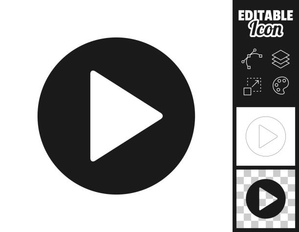 Play button. Icon for design. Easily editable Icon of "Play button" for your own design. Three icons with editable stroke included in the bundle: - One black icon on a white background. - One line icon with only a thin black outline in a line art style (you can adjust the stroke weight as you want). - One icon on a blank transparent background (for change background or texture). The layers are named to facilitate your customization. Vector Illustration (EPS file, well layered and grouped). Easy to edit, manipulate, resize or colorize. Vector and Jpeg file of different sizes. play button stock illustrations