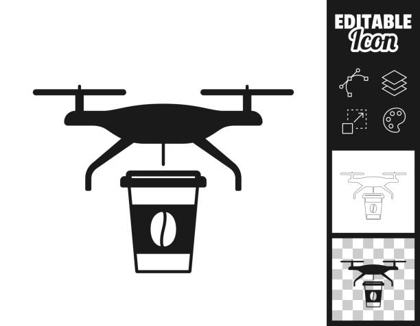 food delivery drone with coffee. Icon for design. Easily editable Icon of "food delivery drone with coffee" for your own design. Three icons with editable stroke included in the bundle: - One black icon on a white background. - One line icon with only a thin black outline in a line art style (you can adjust the stroke weight as you want). - One icon on a blank transparent background (for change background or texture). The layers are named to facilitate your customization. Vector Illustration (EPS file, well layered and grouped). Easy to edit, manipulate, resize or colorize. Vector and Jpeg file of different sizes. drone symbols stock illustrations