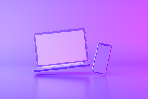 Blank screen laptop and smart phone neon lighting background, 3d render.