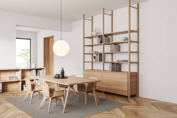 istock Light eating room interior with chairs, shelf with decoration, panoramic window 1424870321