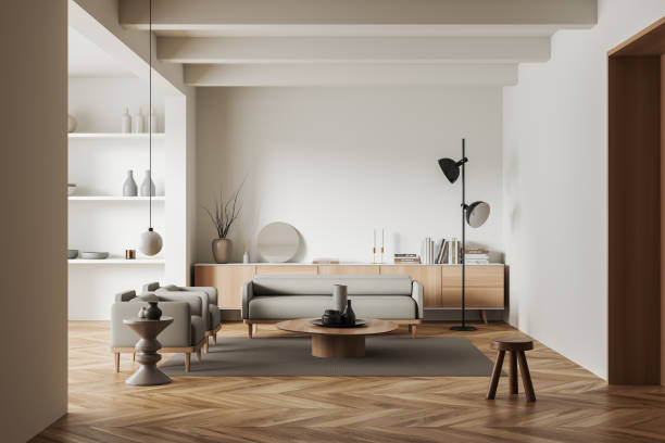 istock Light living room interior with couch and chairs, shelf and decoration 1424870701