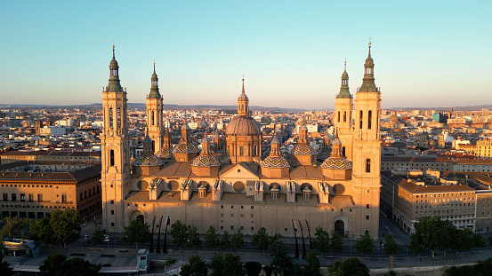 Sunrise aerial over the Cathedral-Basilica of Our Lady of the Pillar in the city of Zaragoza, Aragon, Spain.