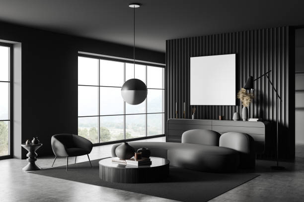 istock Corner view on dark living room interior with empty poster 1424871353