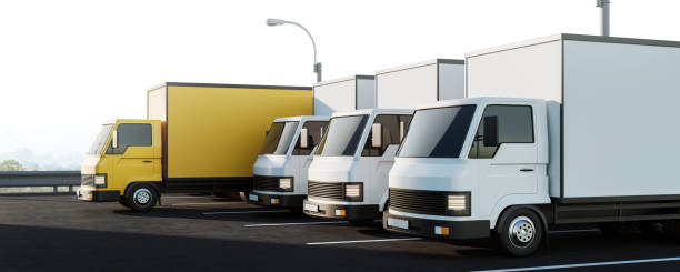 istock Trucks parked outdoors, shipping and delivery concept. Mockup 1424871747