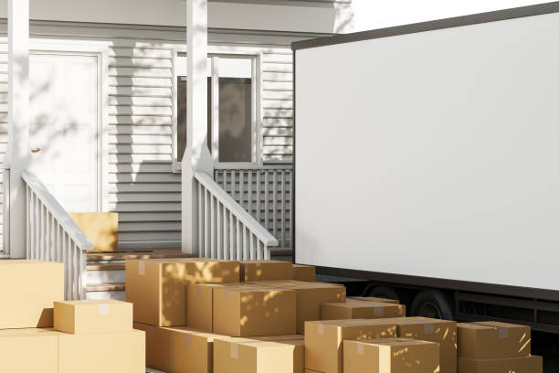 istock Empty trucking van with house, relocation and cardboard boxes 1424872040
