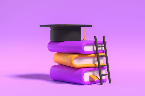istock Stack of books, graduation cap and ladder on violet background 1424872061