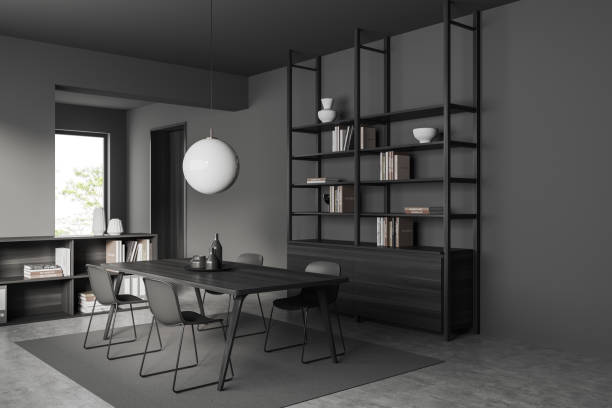 istock Grey eating room interior with chairs, shelf with decoration, panoramic window 1424872739