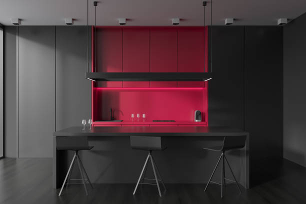 istock Front view on modern dark kitchen room interior with island 1424872940