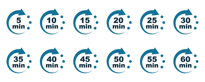 Set of minute timer vector icons on white background. Timer with arrow from 5 minute to 60. Interval time.