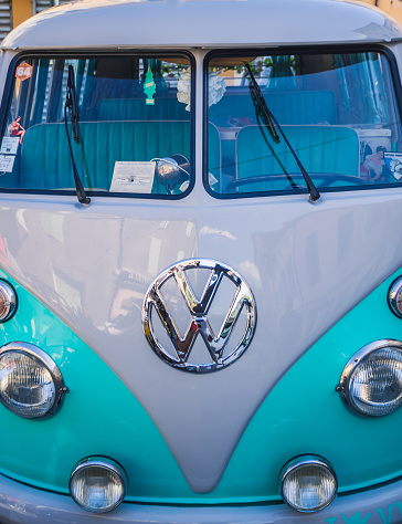 Loriol sur Drome, France -  17 September , 2022: Vintage white and turquoise Volkswagen  T1 (type 2) Westfalia Camper on the street. Classic car exhibition in Loriol sur Drome, France.