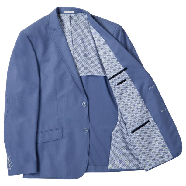 istock Men's light blue classic jacket, one half turned away, on a white background, flat lay 1424885002