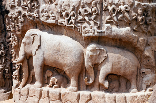 Indian rock art of ancient historical animal sculptures at rock cut temples in Tamil nadu.