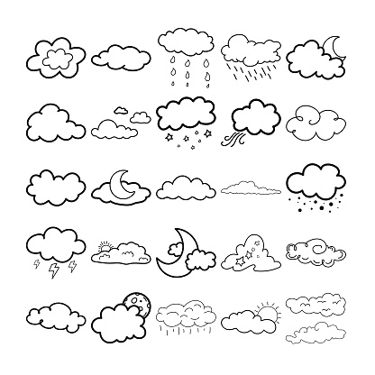Cloudy Hand Drawn Doodle Line Art Outline Set Containing cloud, clouds, fog, mist, puff, smog, smoke, steam, vapor, veil, billow, dimness, film, fogginess, frost, haze, haziness, murk, nebula, obscurity, overcast, pother, rack, scud, sheep, smother, thunderhead, brume, nebulosity, woolpack