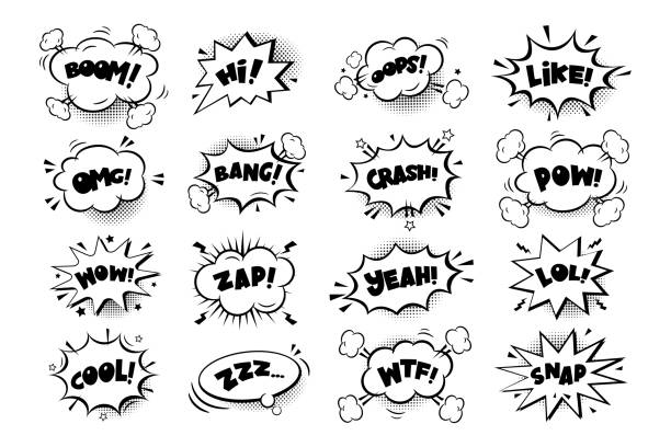 Сomic speech bubbles stickers with text, cloud, stars on white background.Pop art vector cartoon illustration in retro style. Сomic speech bubbles stickers with text, cloud, stars on white background. Pop art vector cartoon illustration in retro style. Design for comic book, poster, banner, card bomb stock illustrations