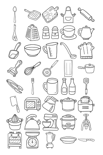 Kitchen Hand Drawn Doodle Line Art Outline Set