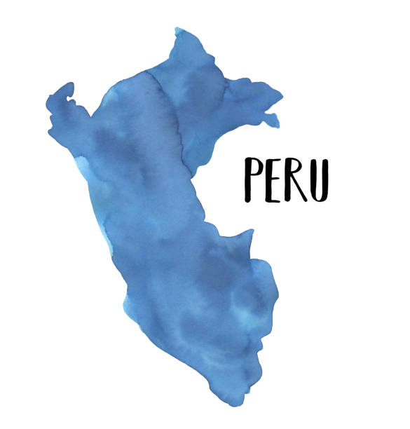 ilustraciones, imágenes clip art, dibujos animados e iconos de stock de ilustración de acuarela de peru map con pinceladas artísticas y degradado de color azul. - inmaculada concepción