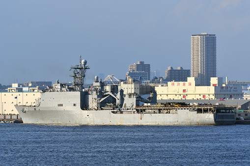 Kanagawa Prefecture, Japan - September 04, 2022:United States Navy USS Rushmore (LSD-47), Whidbey Island-class dock landing ship anchored at Yokohama Port in Japan.
