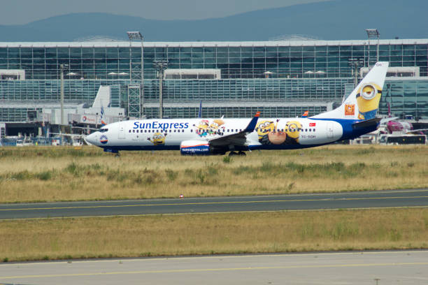 SunExpress Boeing 737-800 registration TC-SOH aircraft with comic book livery at Frankfurt Airport Frankfurt, Germany - 09 Jul, 2017: SunExpress Boeing 737-800 registration TC-SOH aircraft with comic book livery at Frankfurt Airport. sunexpress stock pictures, royalty-free photos & images