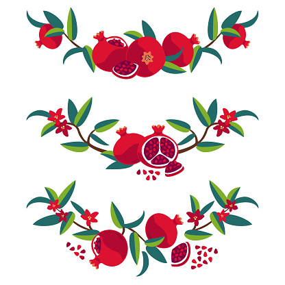 Pomegranate fruit, leaves and seeds arranged in decorative elements, isolated on a white background.