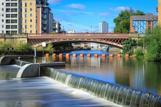 River Aire and bridge in Leeds city centre stock photo