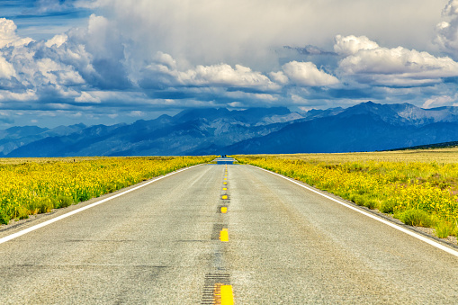 Panorama from the mountain, Road to the snow-capped mountain Pikes Peak, Colorado, USA