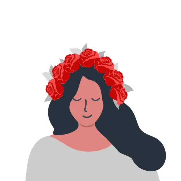 Vector illustration of Cute girl in a wreath of red roses. Portrait