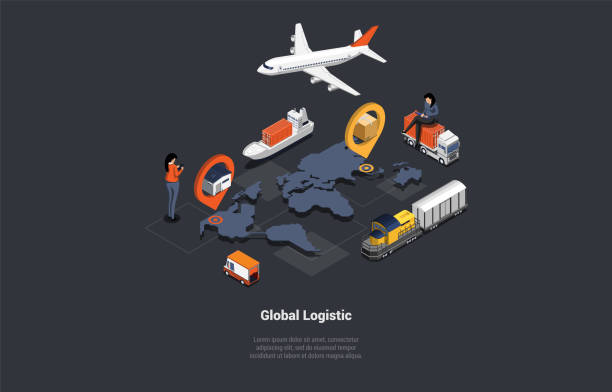 konzept des globalen logistikgeschäfts. luft, cargo trucking rail, transport seeschifffahrt und fracht pünktliche kurierlieferung an kunden zu hause und im büro. isometrische 3d-vektorillustration - sea freight transportation transportation shipping stock-grafiken, -clipart, -cartoons und -symbole